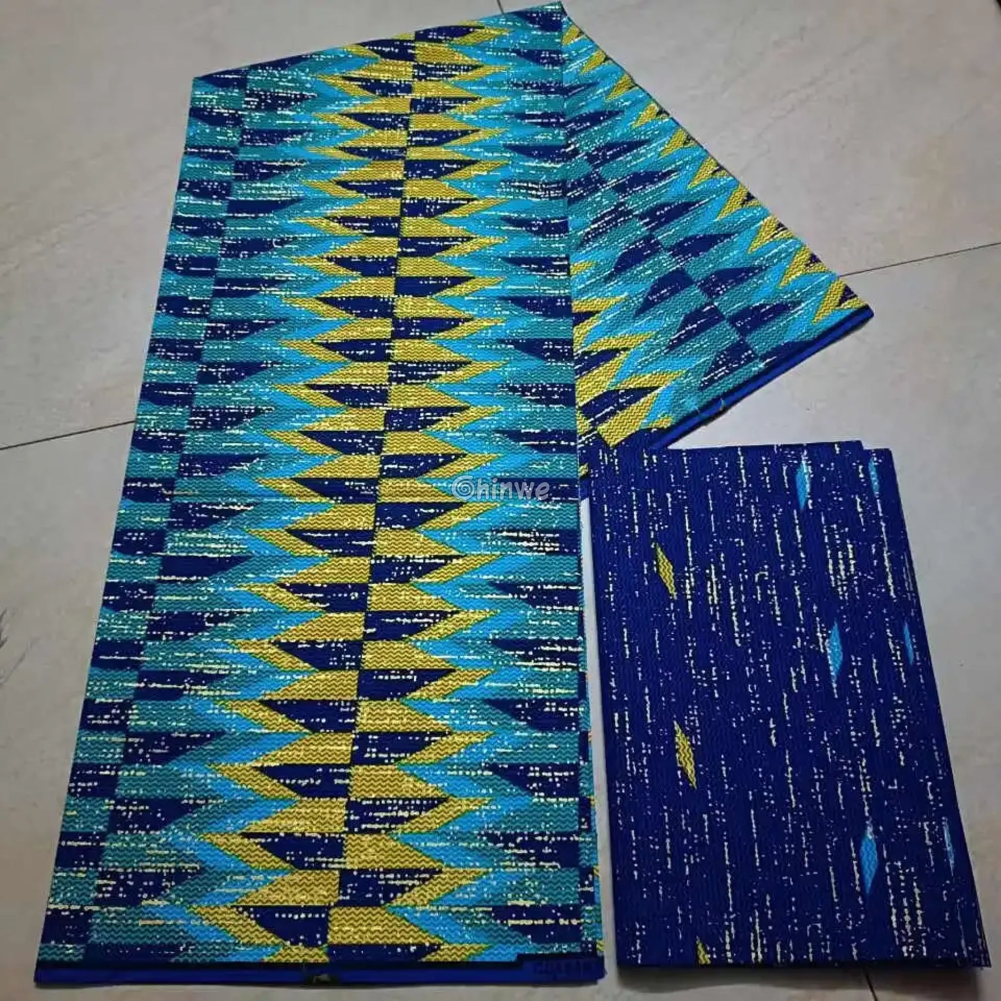 Ocean Ray Metallic Brocade Fabric – Navy Aqua & Yellow Chevron Kente Design PEACOCK BLUE / 6yards African Wax Print