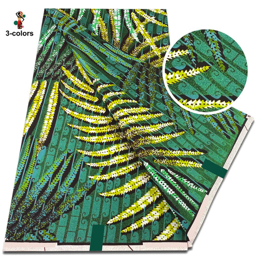 Palm Frond Flash Gold Wax Fabric – Emerald, Pink or Teal, Grand Super Glitter, 6 Yards