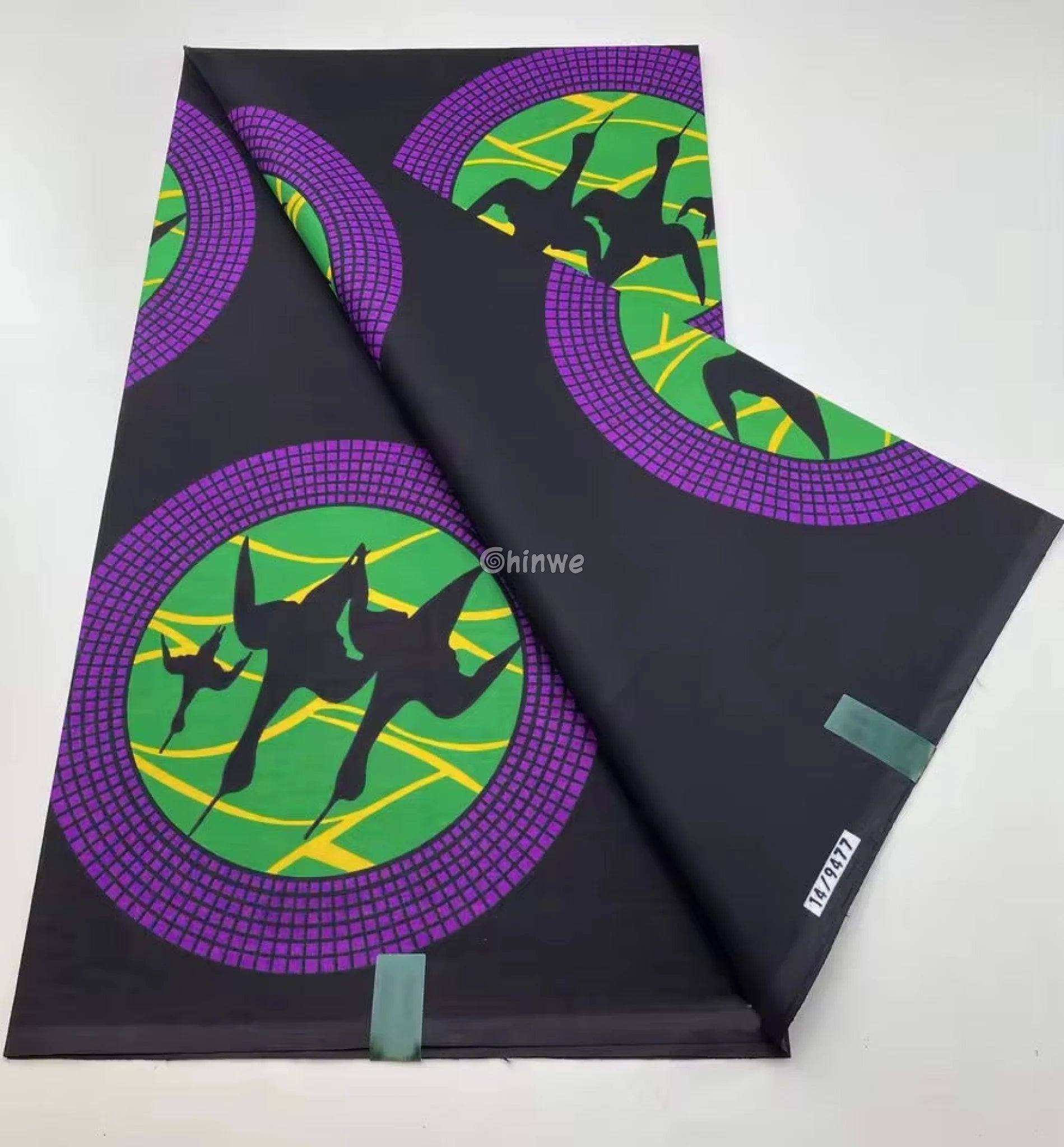 Vibrant Crane Circle Design Fabric – Purple Green and Yellow on Black Ankara Wax Print 6 Yards African Wax Print Fabric