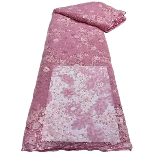 Luxury African Lace Fabric: 3D Floral Embroidery Sequins & Netting Rich Texture Dusty Rose / 5 Yards / 120cm Lace