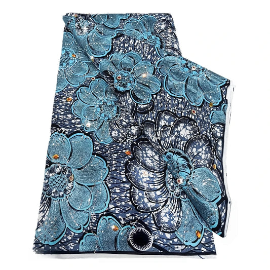 Sky Blue Bloom Stoned Wax Print – Heavyweight Poplin with Stones, 6 Yards