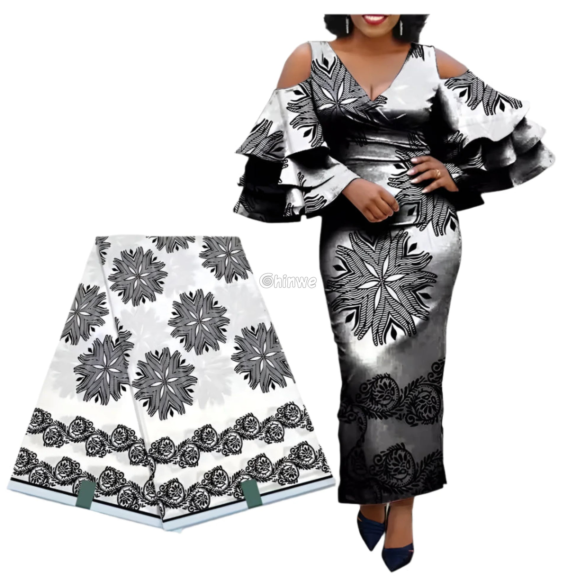 Elegant Monochrome Bloom Fabric – Black Floral Pattern on White Ankara Wax Print 6 Yards African Wax Print Fabric