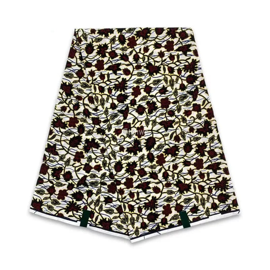 Delicate Floral Vines Fabric – Burgundy and Cream Ankara Wax Print with Subtle Elegance 6 Yards African Wax Print Fabric