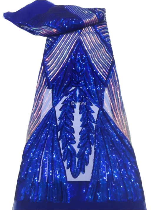 Sequin Embroidered Net Lace with Leaf Motif & Radiant Lines on Sheer Mesh Tulle Base Royal Blue / 5 Yards Lace