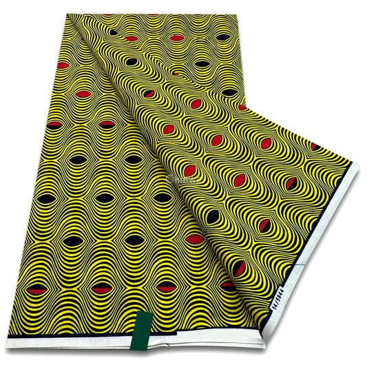Yellow ripple illusion with layered concentric waves and alternating red-black teardrop centers Vibrant Yellow with Red