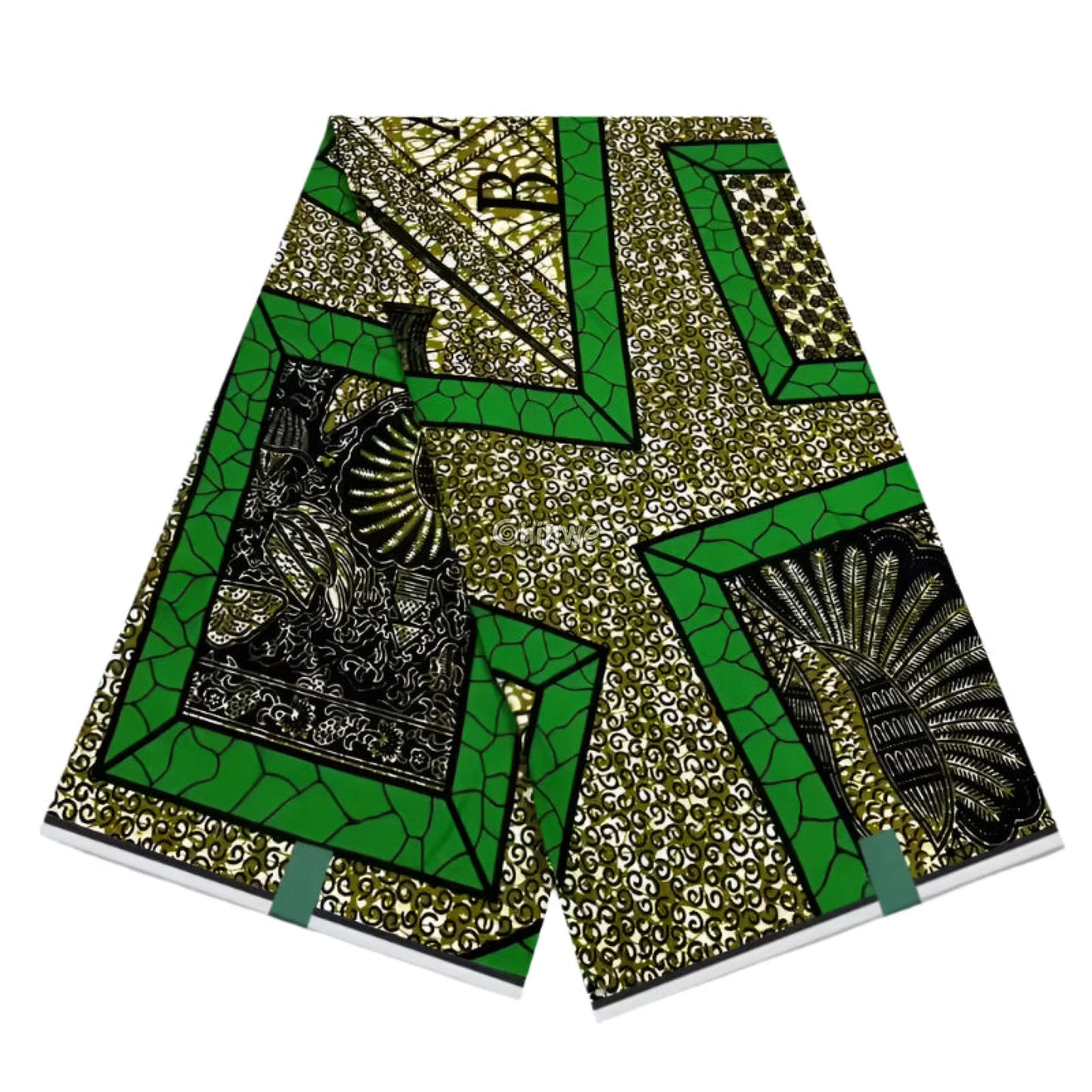 Green and Gold Ankara Fabric with Geometric Blocks and Peacock Feather Pattern 6 Yards African Wax Print Fabric