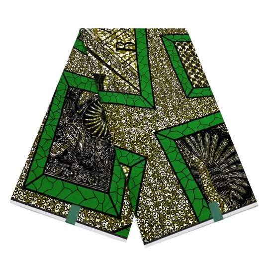 Green and Gold Ankara Fabric with Geometric Blocks and Peacock Feather Pattern 6 Yards African Wax Print Fabric