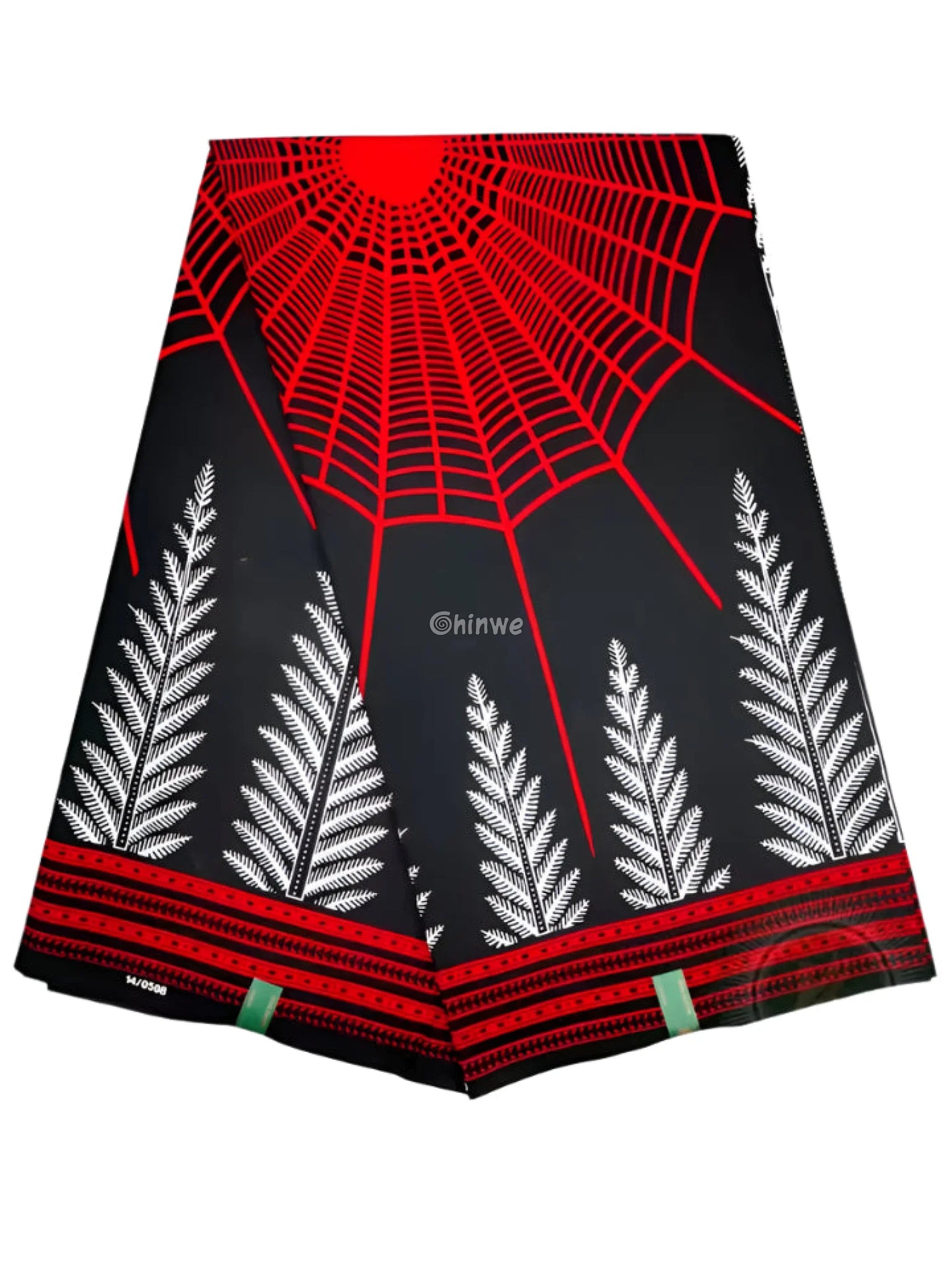 Red and Black Spider Web Ankara Fabric with White Fern Design – Bold African Wax Print Material 6 Yards African Wax