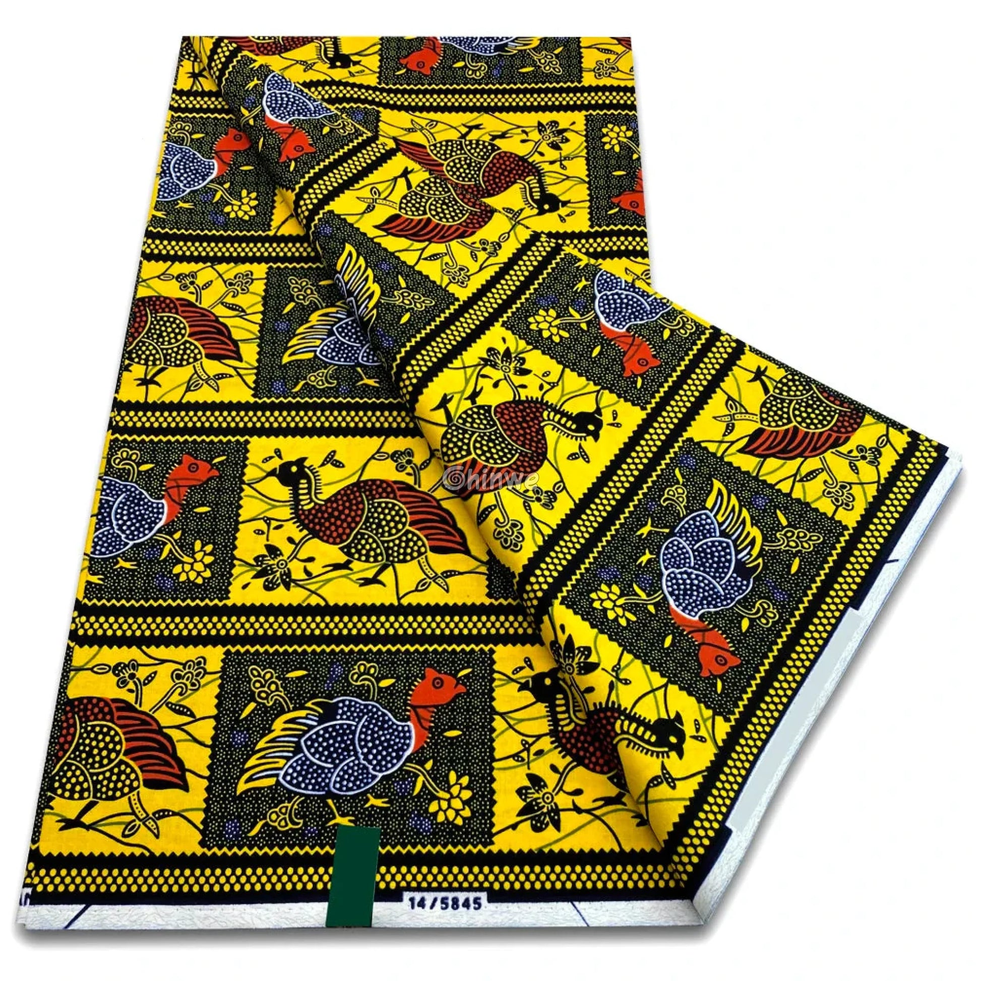 Yellow and Black Repeating Chicken Motif with Red Accents in Framed Floral Blocks and Dot Border Pattern Golden Yellow