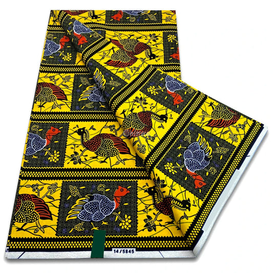 Yellow and Black Repeating Chicken Motif with Red Accents in Framed Floral Blocks and Dot Border Pattern Golden Yellow