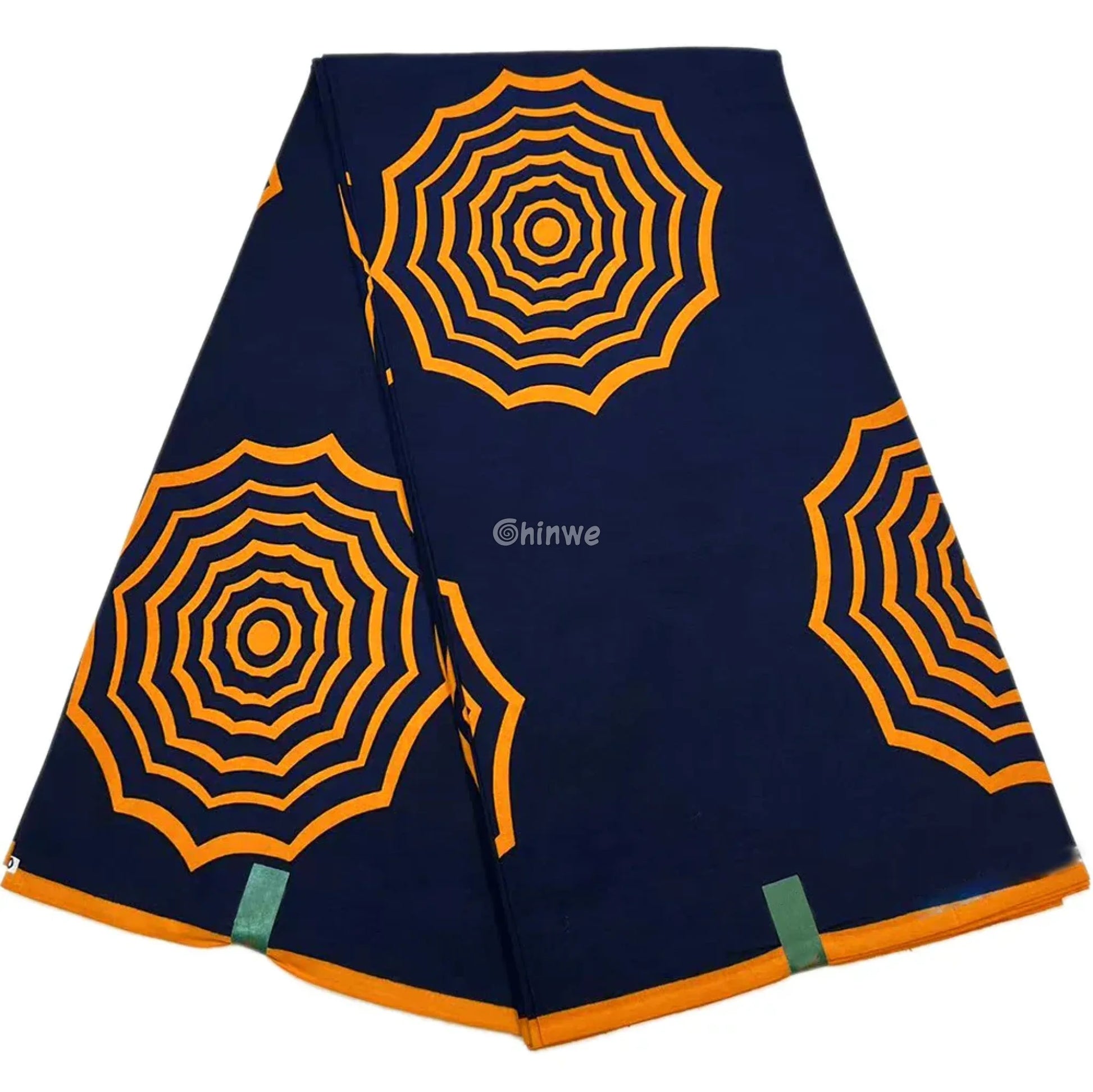 Bold Navy Blue and Orange Ankara Fabric – Striking Geometric Spiral Web Design Wax Print 6 Yards African Wax Print