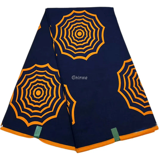 Bold Navy Blue and Orange Ankara Fabric – Striking Geometric Spiral Web Design Wax Print 6 Yards African Wax Print