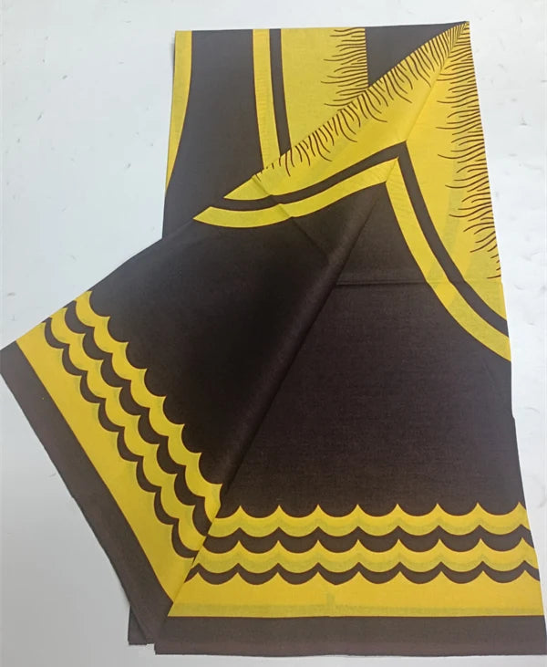 Yellow Wave Border on Black Ankara Real Wax Print – Minimal, 100% Cotton, 6 Yards