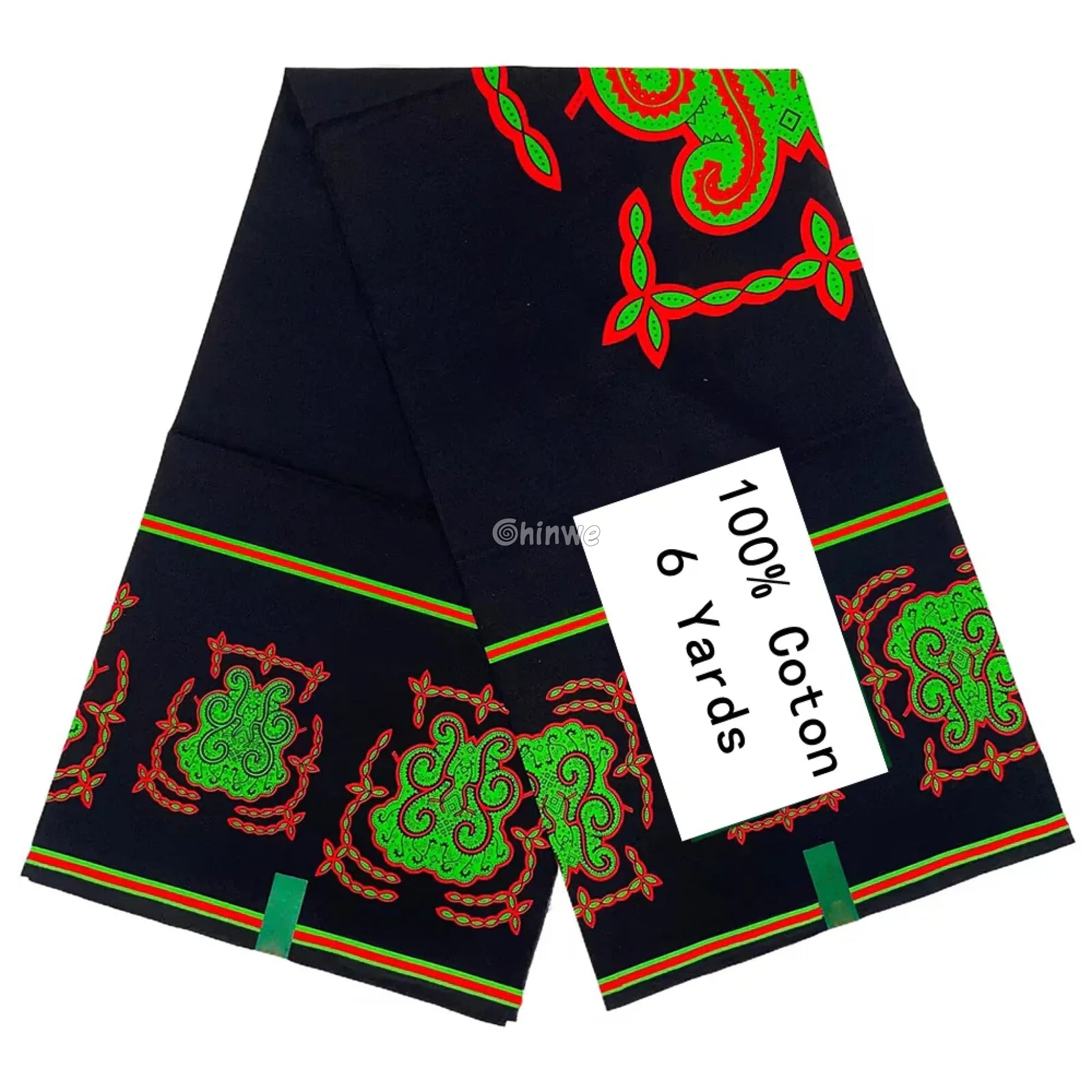 Modern Navy Ankara with Vibrant Green and Red Paisley Accents – Contemporary African Wax Print Fabric 6 Yards African