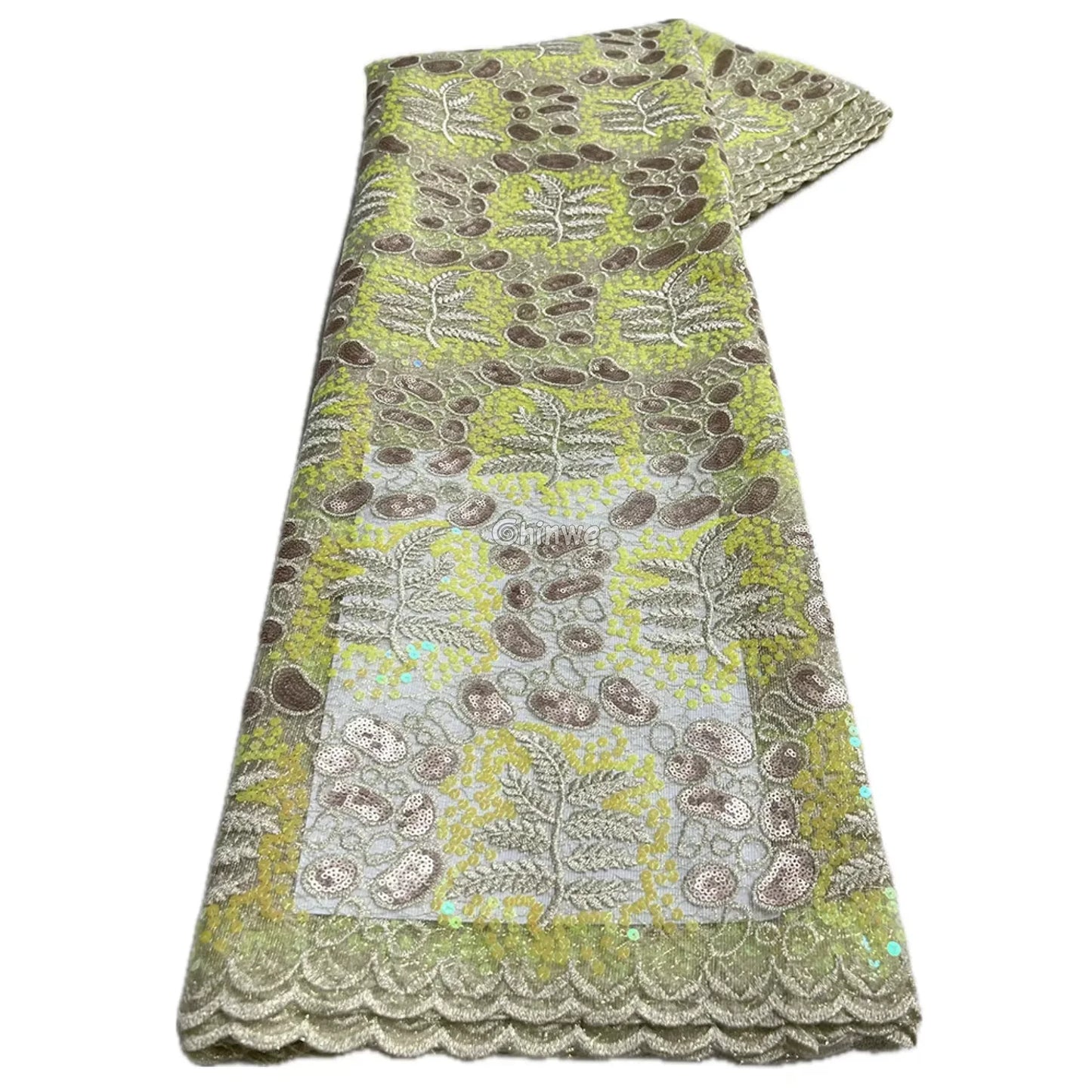 Plum Chartreuse Ivory Sapphire & Sand Floral Vine Sequin Lace Print Fabric Collection Chartreuse Green & Champagne
