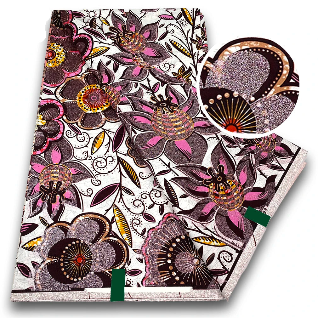 Plum Blossom Ankara Flash Gold Wax Print Fabric – Pink and Brown Florals on White, 6 Yards