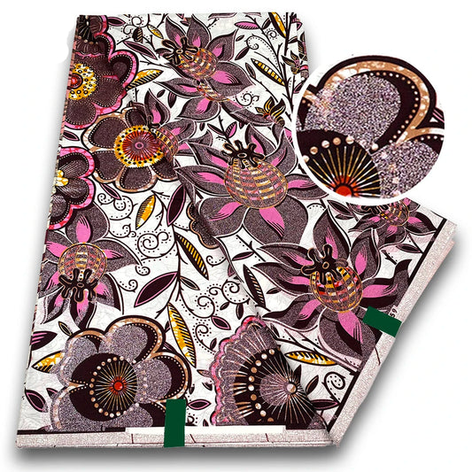 Plum Blossom Ankara Flash Gold Wax Print Fabric – Pink and Brown Florals on White, 6 Yards