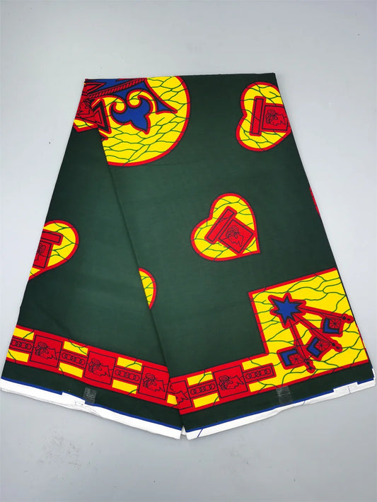 Red Hearts on Forest Green Ankara Real Wax Print – Yellow & Red Border, 100% Cotton, 6 Yards
