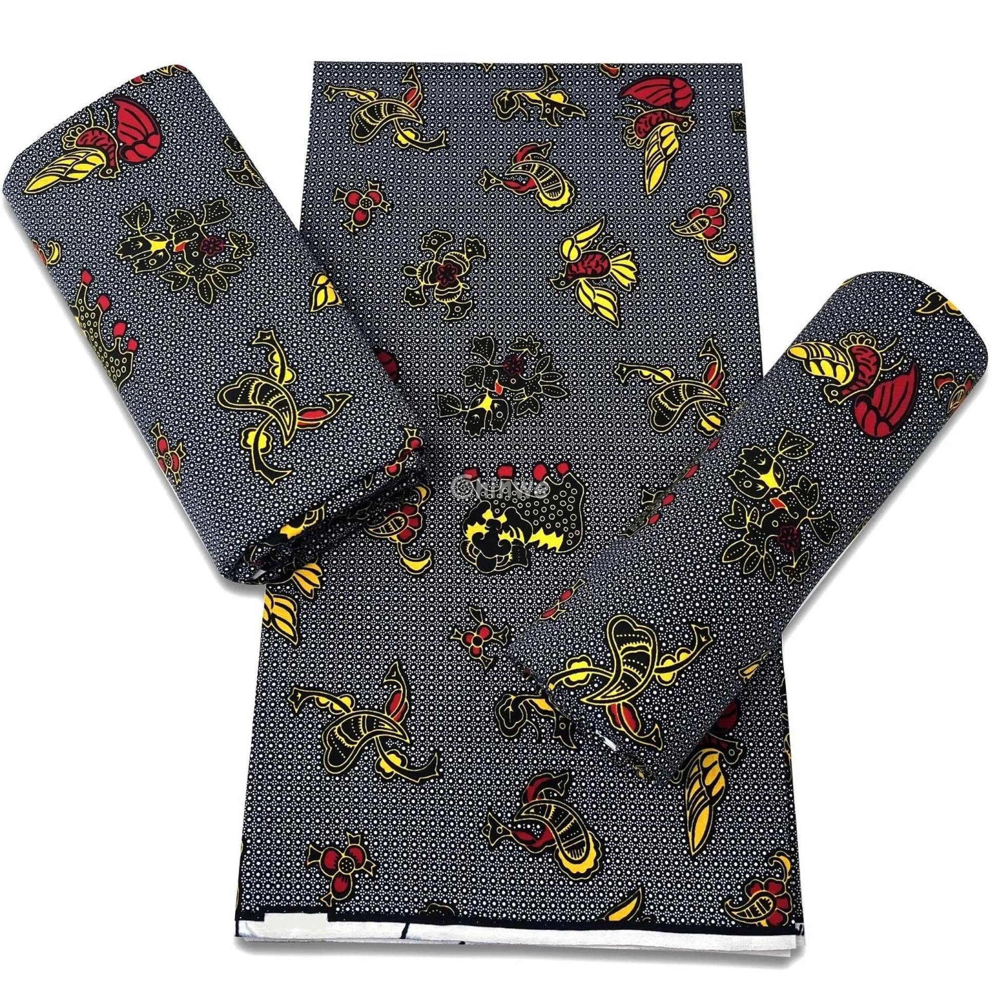 Yellow and Red Stylized Horn and Crown Symbols on a Black Microdot Grid with White Ring Texture Black / 6 yards African