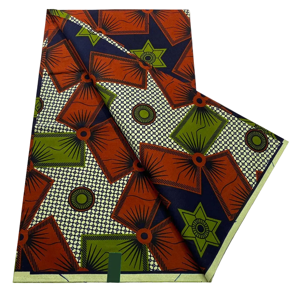 Rust Star and Kite Ankara Wax Print Fabric – Orange, Olive and Navy Geometric, 6 Yards