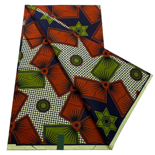 Rust Star and Kite Ankara Wax Print Fabric in orange, olive and navy geometric, 6 yards