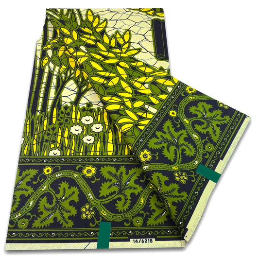 Dark green Ankara wax print fabric with yellow leaves and a floral border