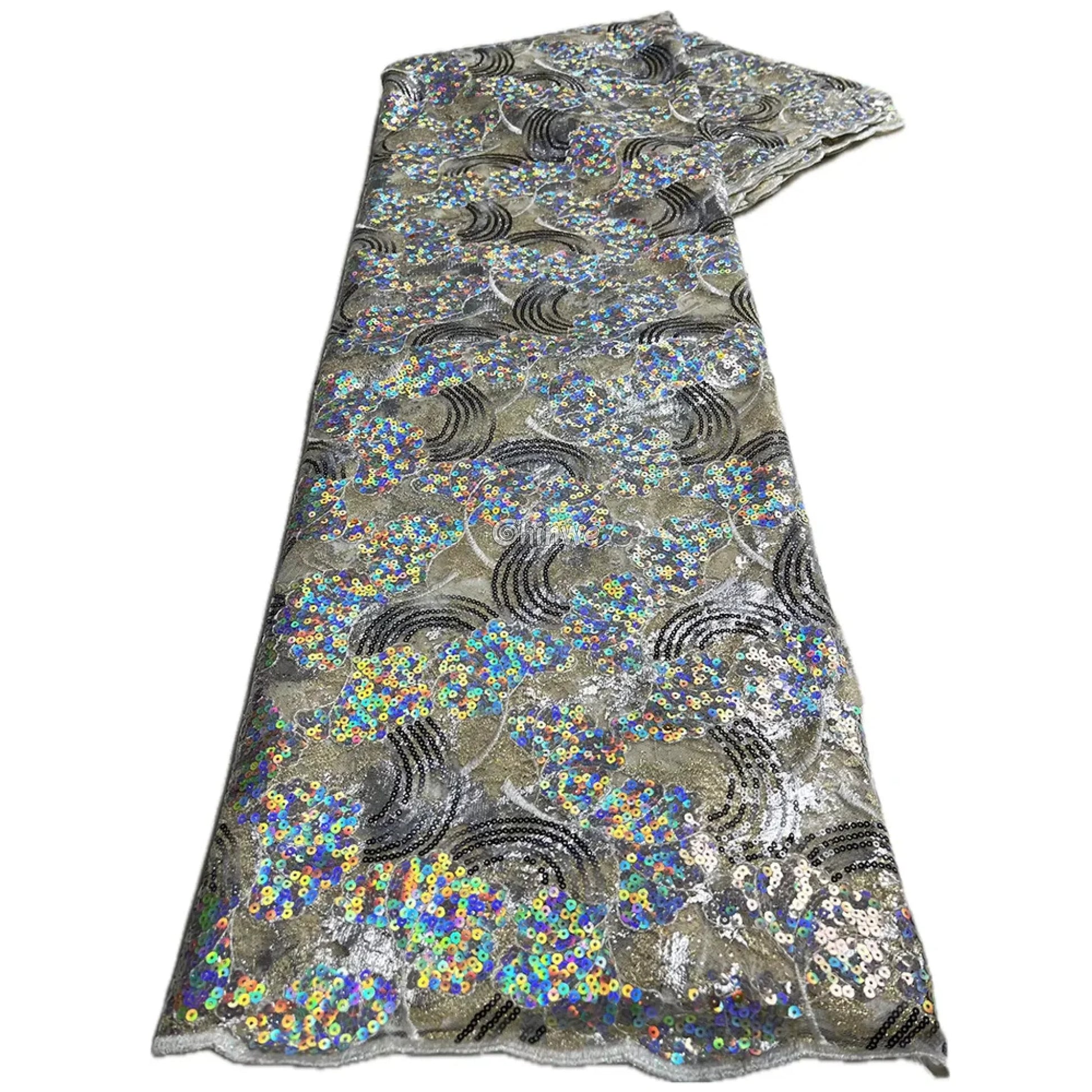 Sheer Sequin Lace Fabric with Swirling Motif and Scalloped Edge Embellished with Metallic Sequins Holographic & Black