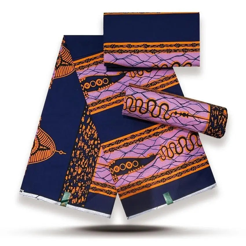 Navy & Pink Serpent Bands Gold Sand Wax Print – Orange Accents, 100% Cotton, 6 Yards