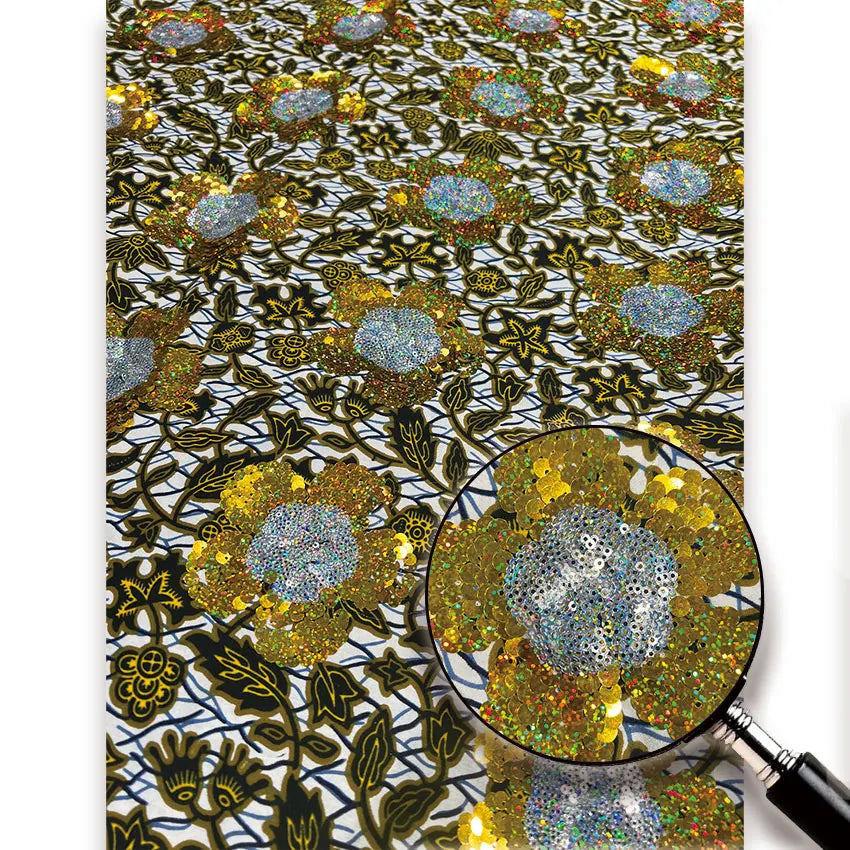 Olive & Cream Floral Sequin Wax Fabric – Gold & Silver Sequin Flowers, 100% Cotton, 6 Yards