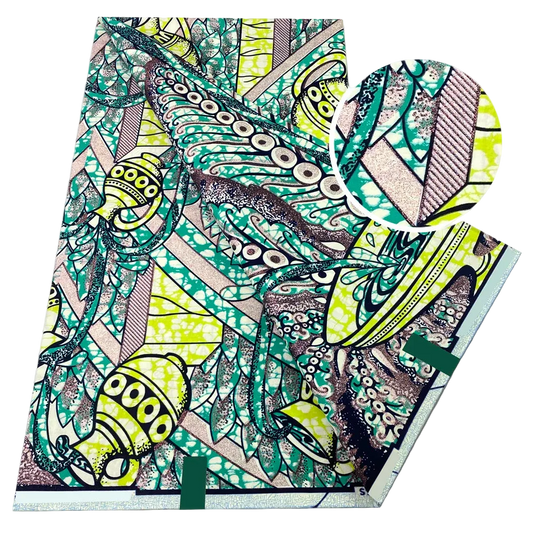 Urn Garden Flash Gold Wax Print – Teal, Sky Blue or Lime, Grand Super Glitter, 6 Yards