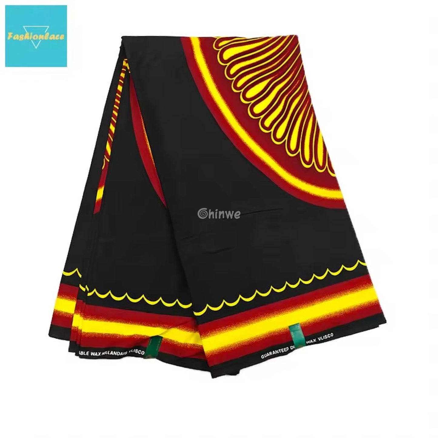 Bold Sunset Radiance Fabric – Black Wax Print with Vibrant Yellow and Red Circular Design 6 Yards African Wax Print