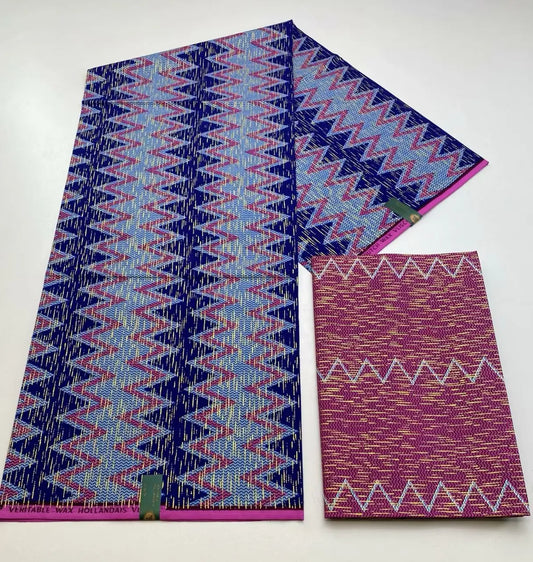 Navy, Sky Blue and Pink Zigzag Kente-Style Print Fabric, 6 Yards