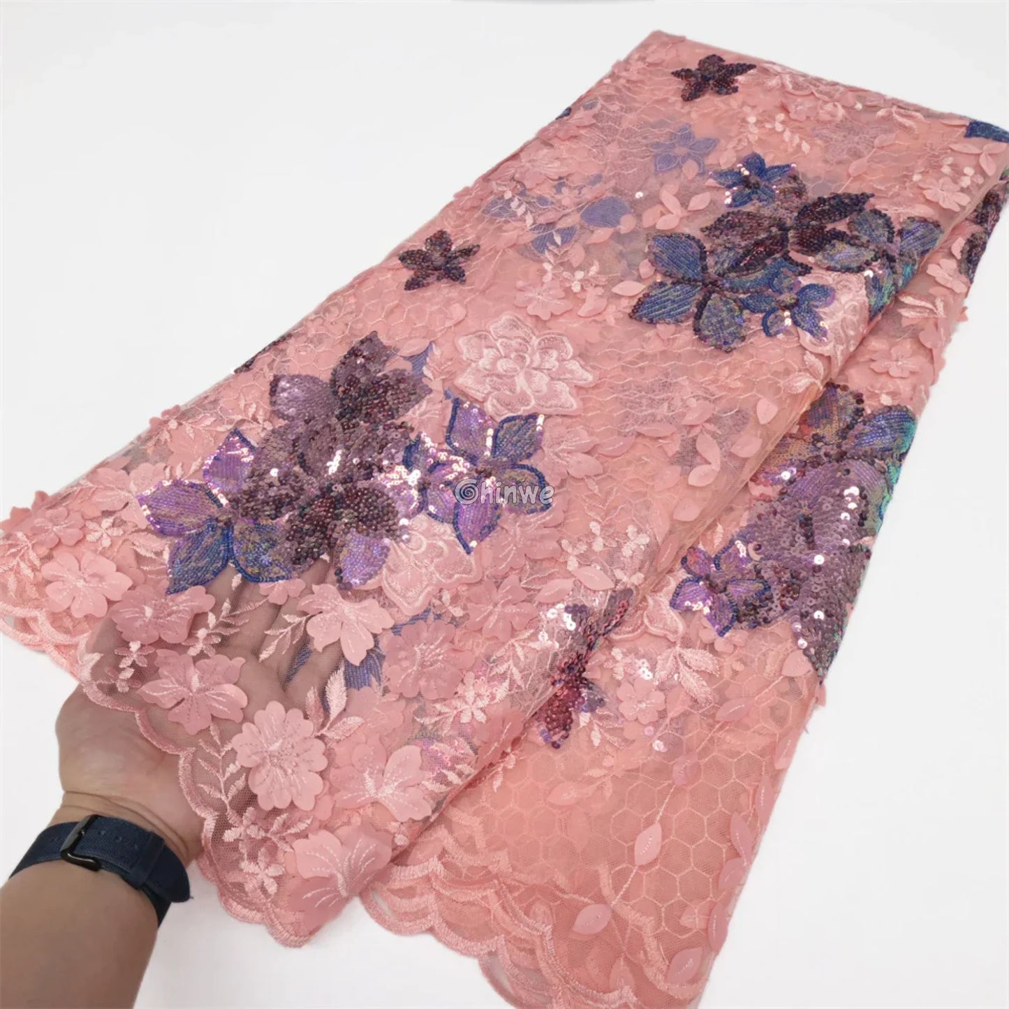 Embroidered 3D Sequin Lace Fabric with Floral Appliqué on Soft Tulle Mesh for Couture Sewing Projects Soft pink with