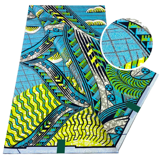 Turquoise & Lime Zigzag Flash Gold Wax Print – Grand Super Glitter, 6 Yards