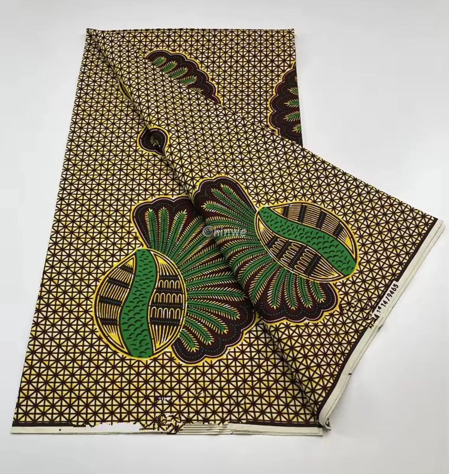 Green and Gold Shell Motif Fabric – Vibrant Ankara Wax Print with Geometric Background 6 Yards African Wax Print Fabric