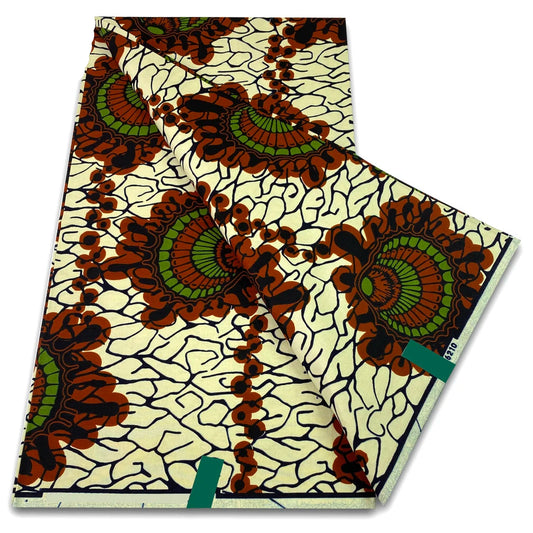 Cream Ankara wax print fabric with rust and green flower medallions