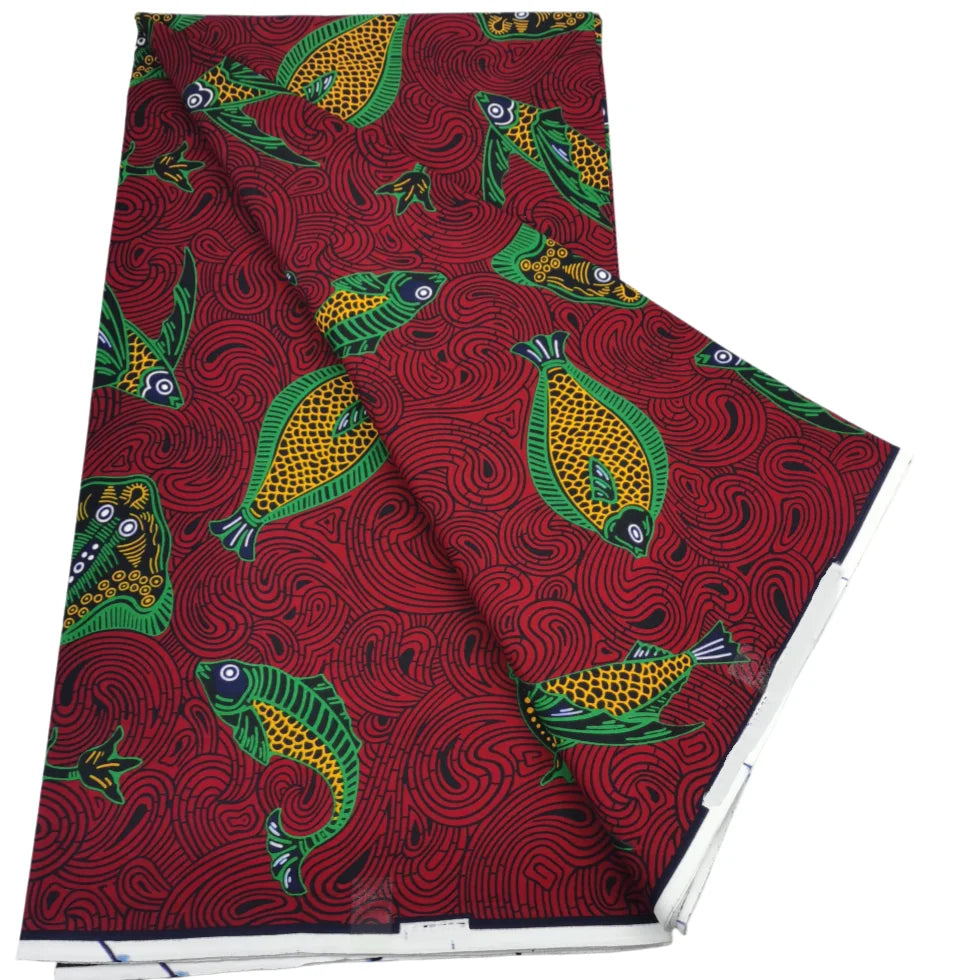 Burgundy and Green Fish Ankara wax print fabric, 6 yards