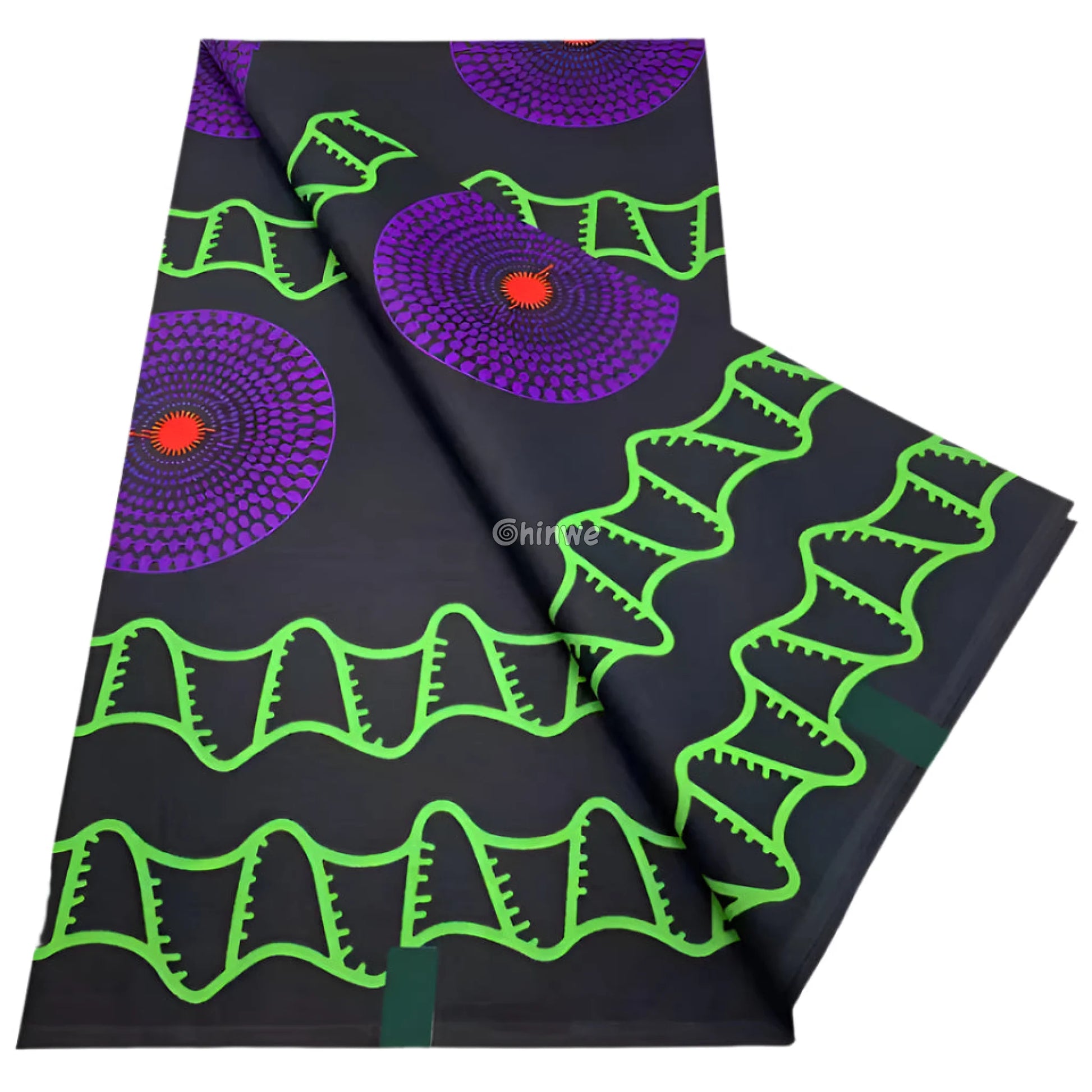 Black Ankara Fabric with Purple Spiral and Green Wave Design 6 Yards African Wax Print Fabric