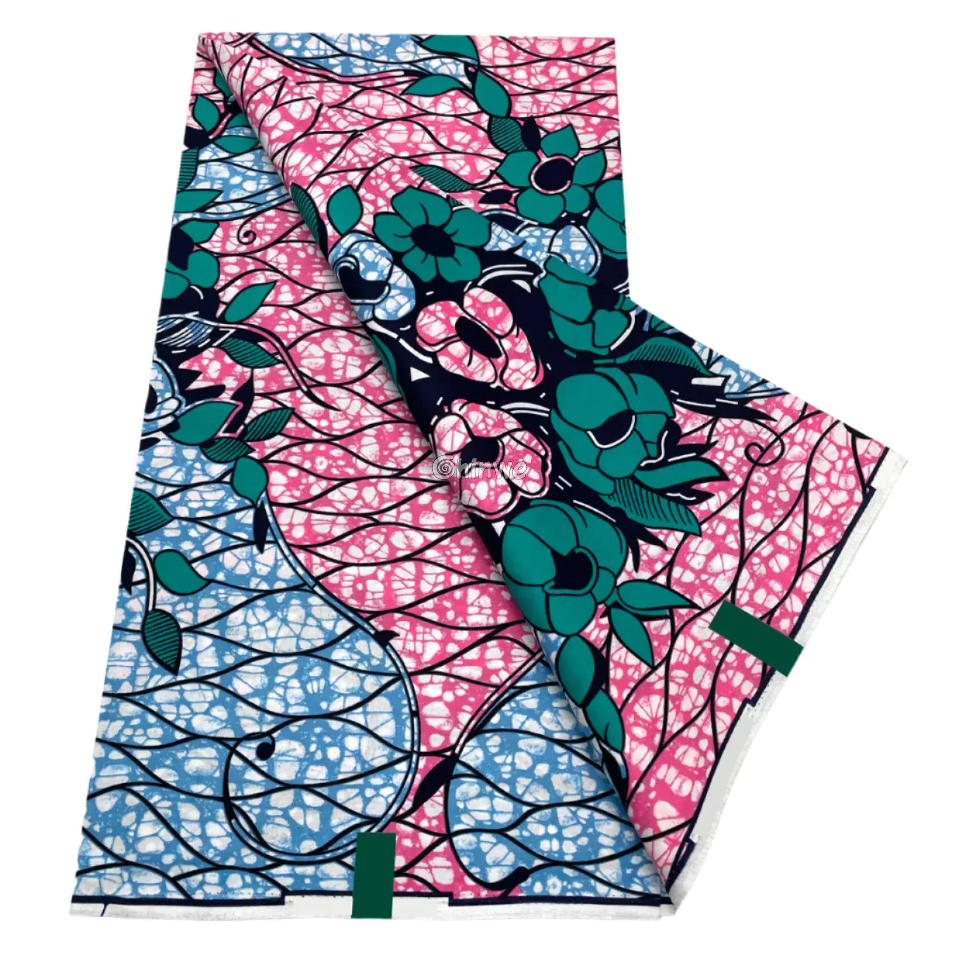 Teal Rose Blossoms with Pink and Blue Split Batik Background and Winding Vine Overlay on Cotton Print Aqua Rose Garden