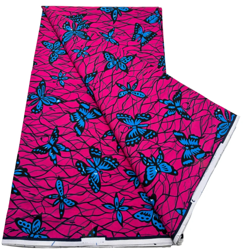 Magenta and Blue Butterfly Ankara wax print fabric, 6 yards