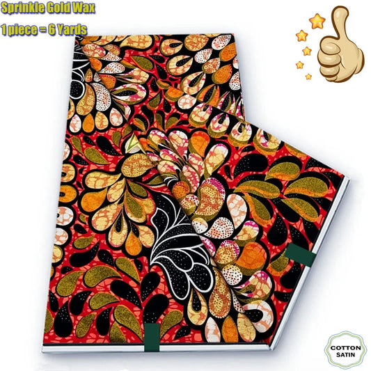 Amber Teardrop Lace-Look Grand Golden Wax Print – Black & Orange, Glitter, 6 Yards