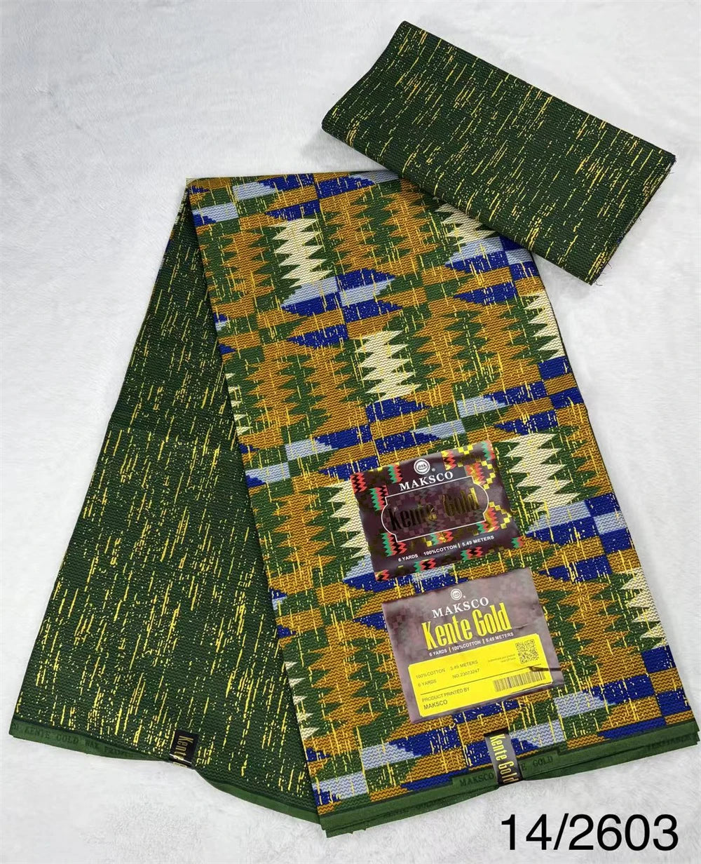 Green, Gold and Blue Geometric Blocks Kente-Style Print Fabric, 6 Yards