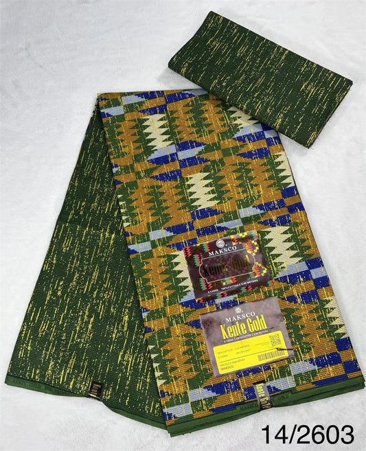 Green, Gold and Blue Geometric Blocks Kente-Style Print Fabric, 6 Yards