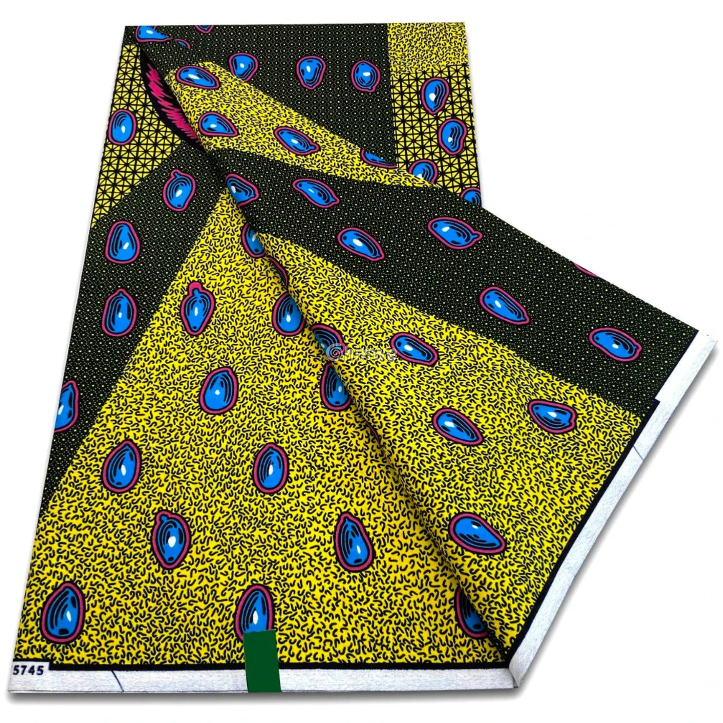 Yellow and Black Abstract Drop Motif with Blue Teardrop Ovals and Micro-Dot Field in Panel Formation Yellow and Black