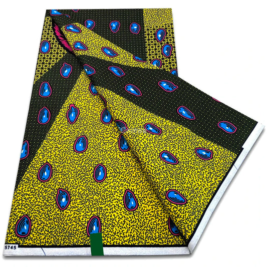 Yellow and Black Abstract Drop Motif with Blue Teardrop Ovals and Micro-Dot Field in Panel Formation Yellow and Black