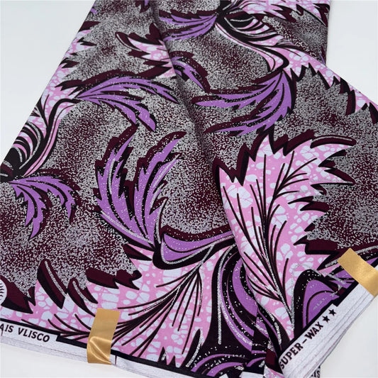 Lilac & Plum Feather Stoned Wax Fabric – Grand Super Wax with Rhinestones, 6 Yards