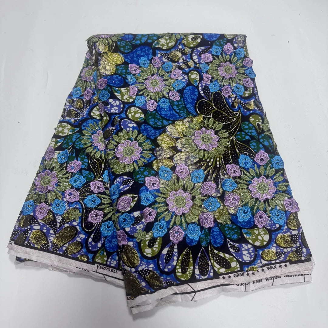 Royal Blue Blossom Stone Guipure Lace Wax – Embroidered, 6 Yards