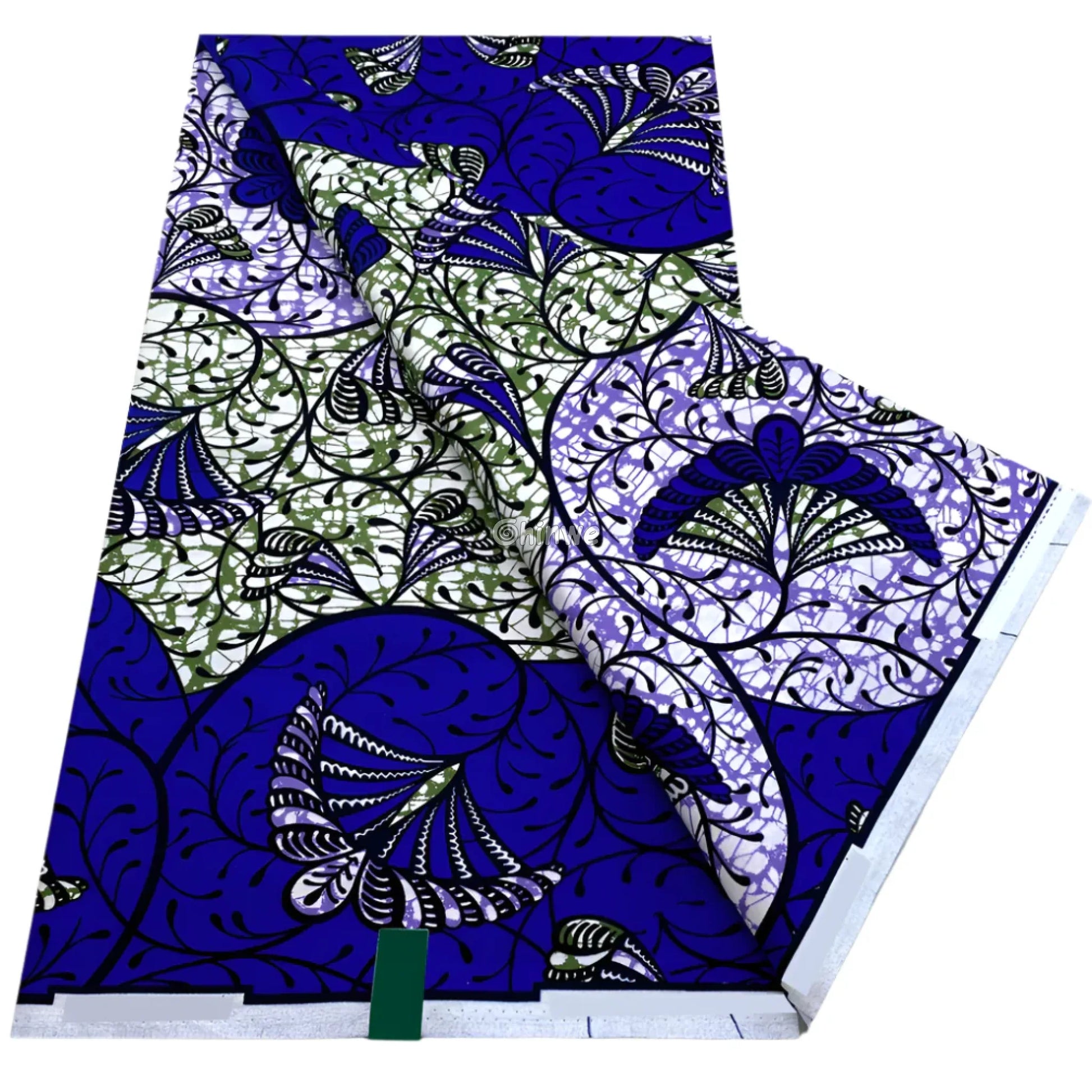 Royal Blue and Olive Botanical Swirls with Winged Petals and Veined Vines on Curved Panel Layout Midnight Spiral Petal