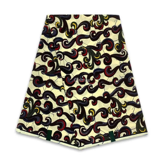 Abstract Swirl Fabric – Multicolor Curves on Cream Ankara Wax Print 6 Yards African Wax Print Fabric