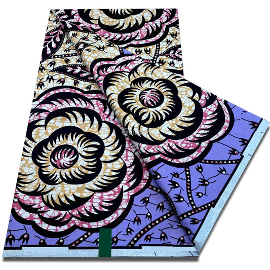 Lavender Wax Print with Oversized Rose Spiral & Petal Vine Motif in Beige Black & Pink Accents Lavender Rose Spiral &